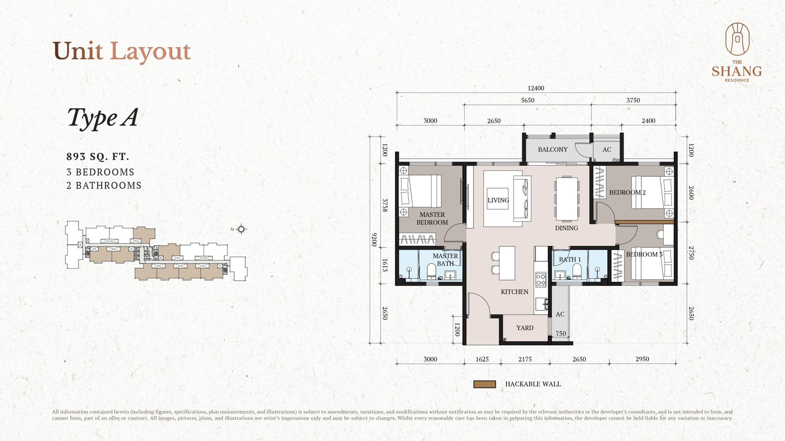 The Shang Type A 893 sq ft 3-bedroom floor plan
