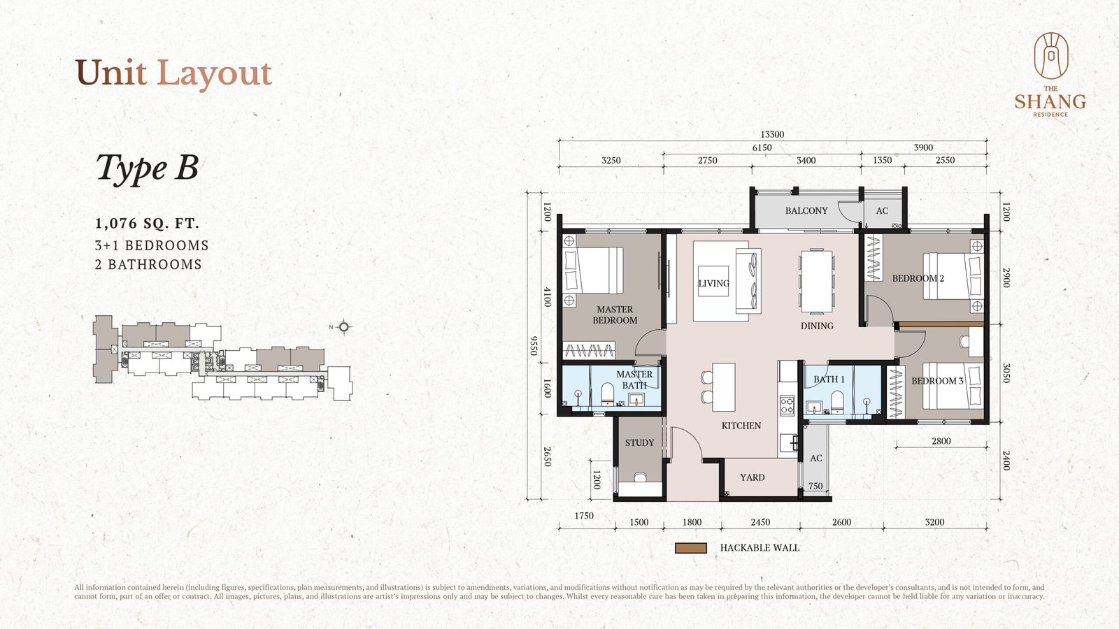The Shang Type B 1,076 sq ft 3+1-bedroom floor plan