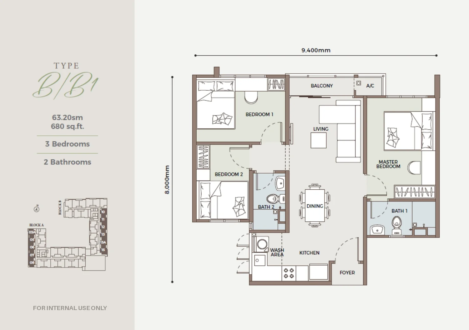 D'Parc Alam Damai Type B Grove 680 sqft 3 bedroom floor plan park view