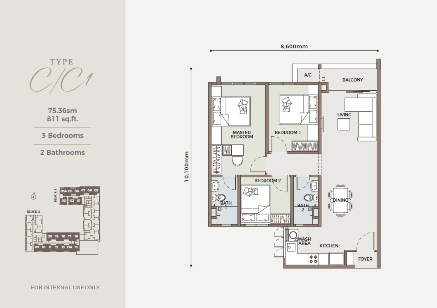D'Parc Alam Damai Type C Canopy 811 sqft 3 bedroom park facing floor plan