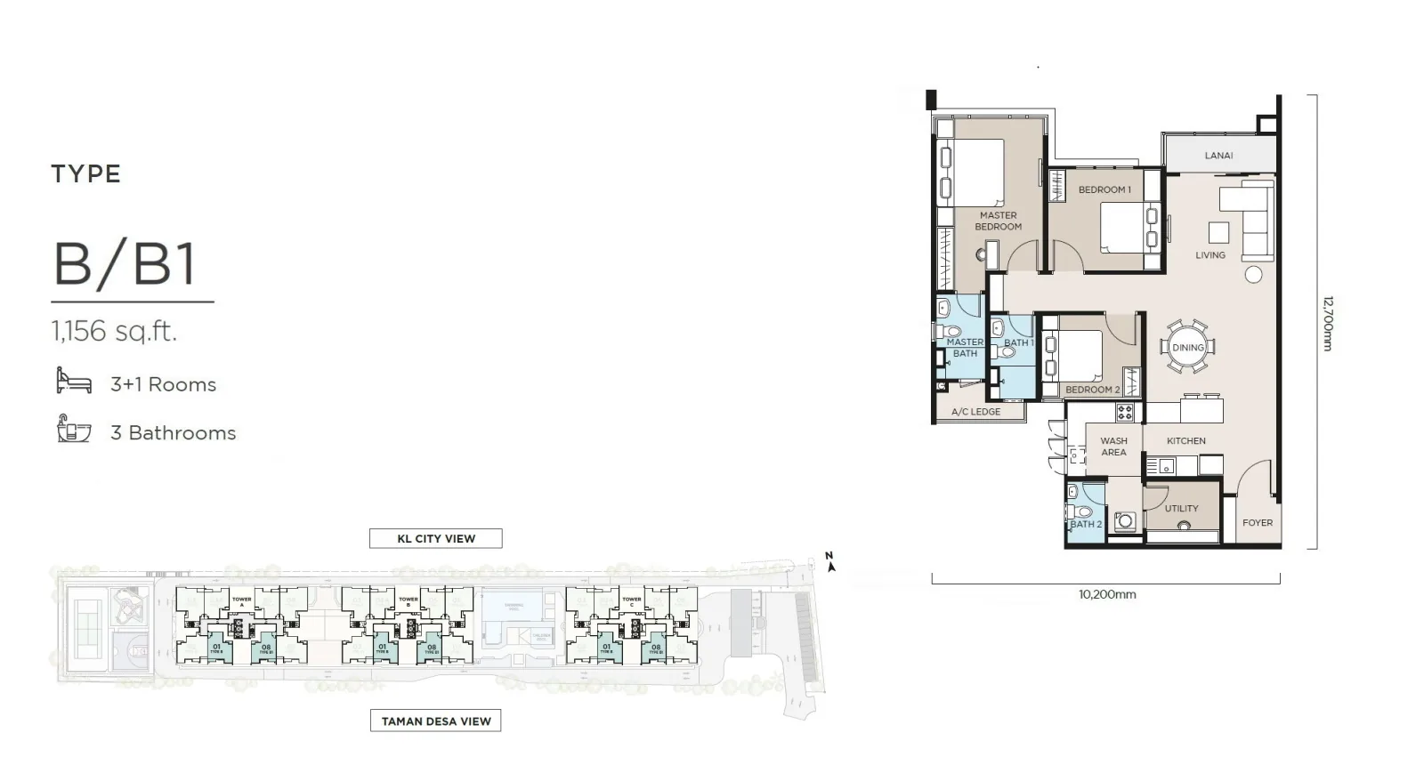 The Atas Taman Desa Type A B floor plan 1156 sqft 3 plus 1 bedroom