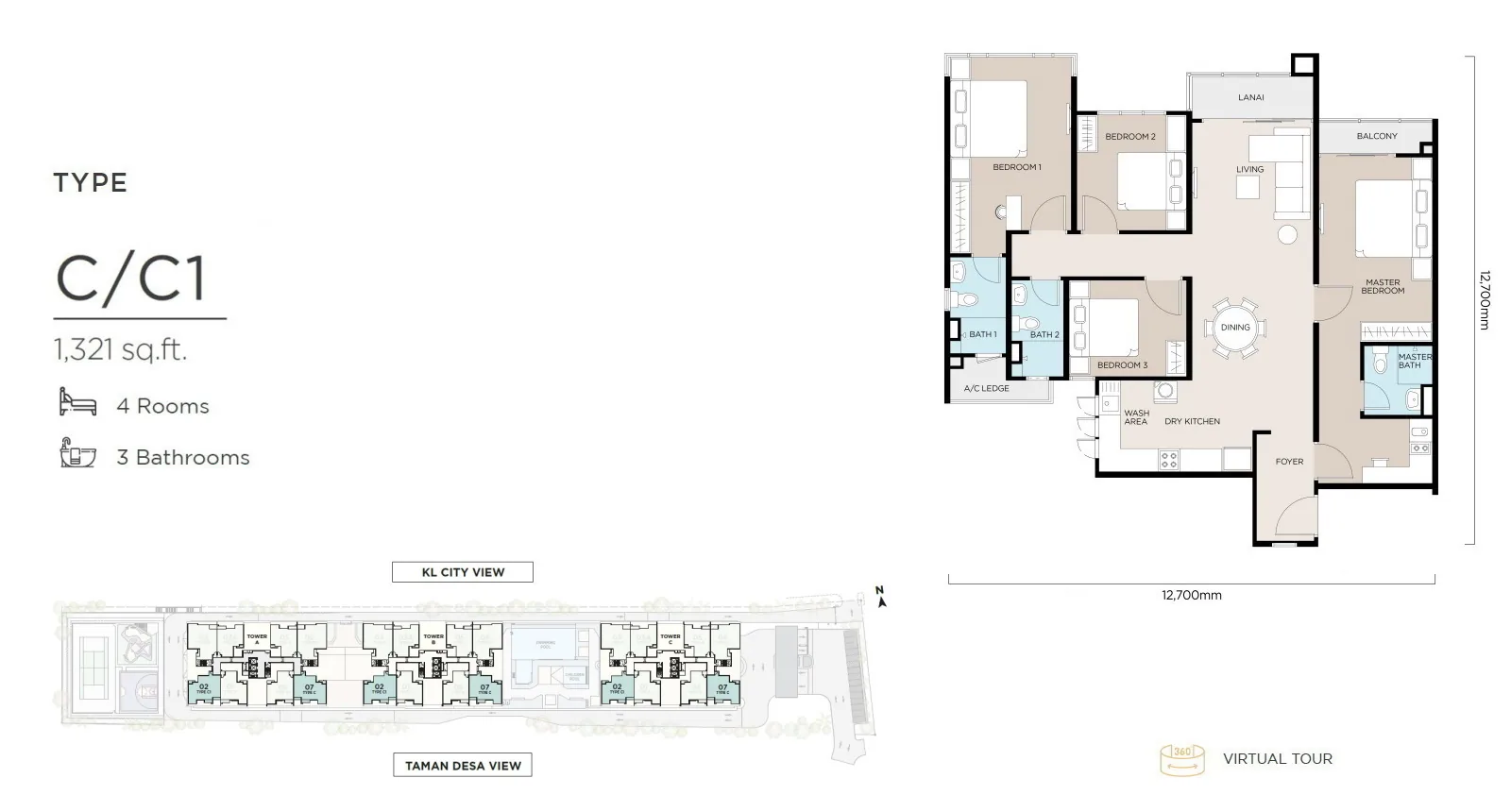The Atas Taman Desa Type C dual key floor plan 1321 sqft butterfly layout
