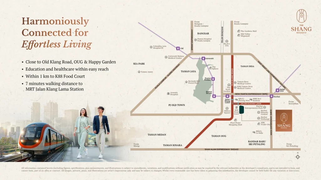 The Shang Kuchai Lama 2 The Shang Residence location map showing a 650 m, 7-minute walk to the MRT3 Jalan Klang Lama station in Kuchai Lama, Kuala Lumpur