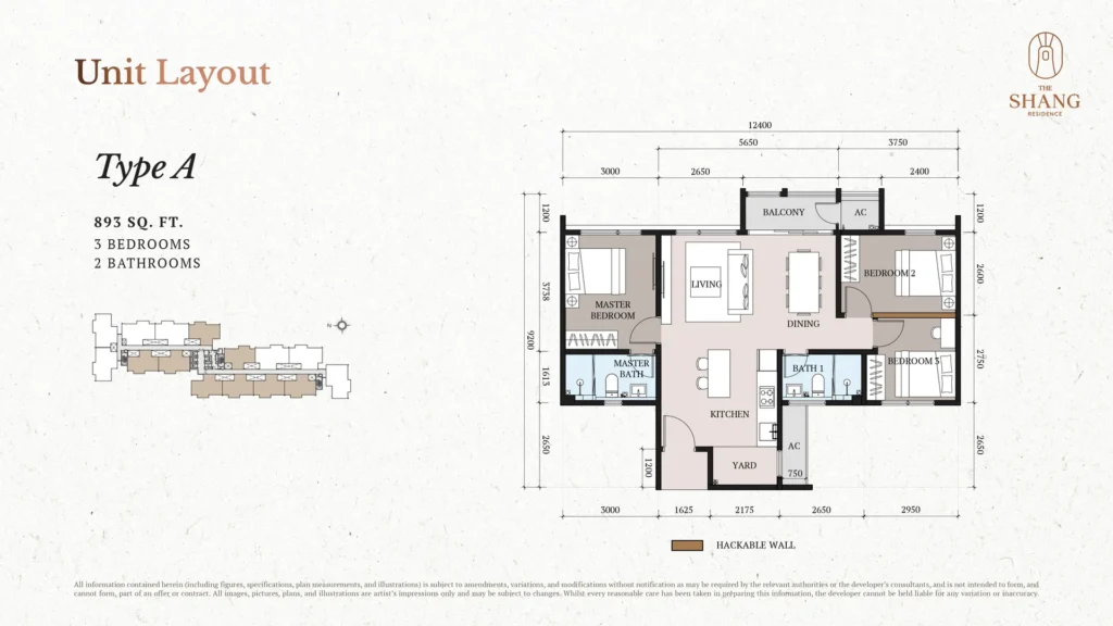 The Shang Kuchai Lama 3 The Shang Residence Type A floor plan, 893 sq ft 3-bedroom 2-bathroom layout, Kuchai Lama, Kuala Lumpur