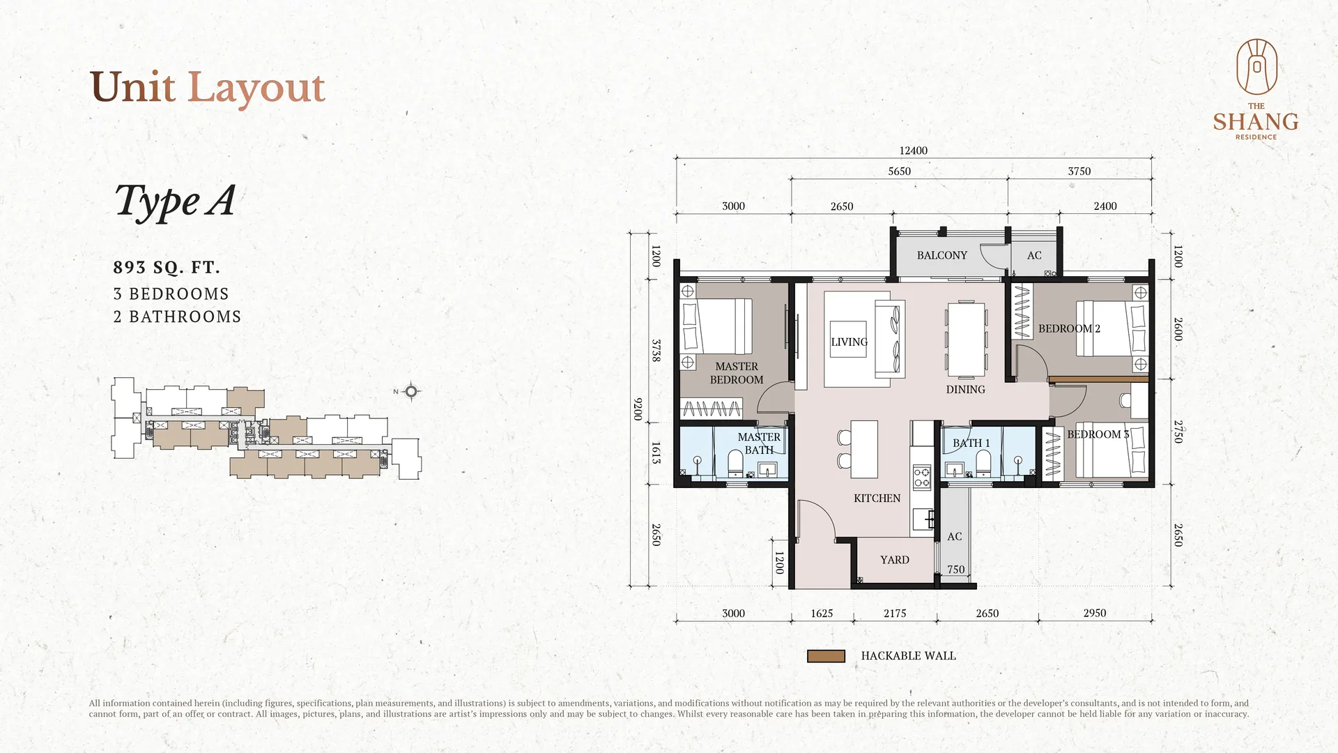 The Shang Layout 1 The Shang Residence Type A floor plan, 893 sq ft 3-bedroom 2-bathroom layout, Kuchai Lama, Kuala Lumpur