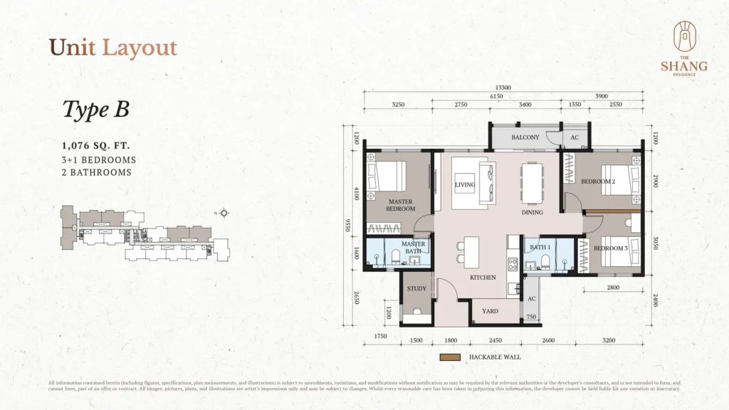 The Shang Kuchai Lama 4 The Shang Residence Type B floor plan, 1,076 sq ft 3+1 bedroom 2-bathroom layout, Kuchai Lama, Kuala Lumpur