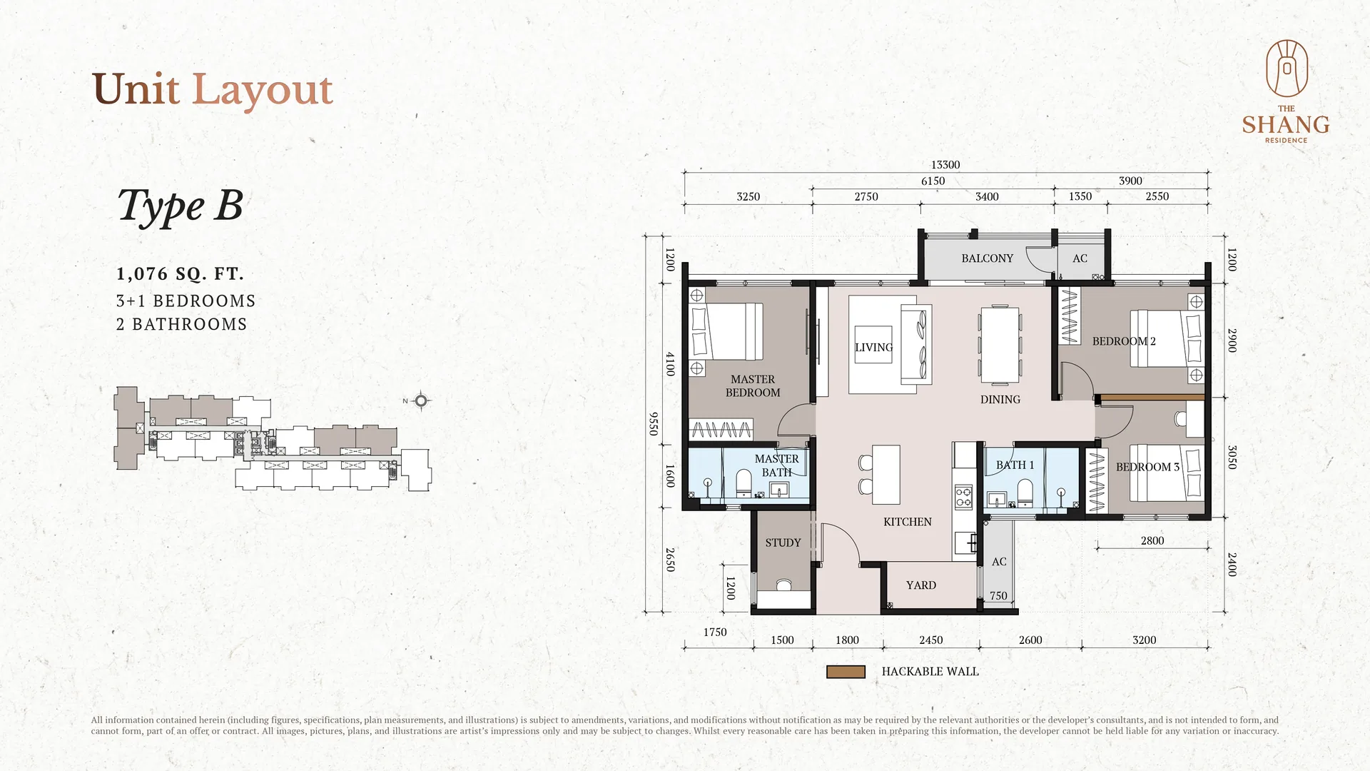 The Shang Layout 2 The Shang Residence Type B floor plan, 1,076 sq ft 3+1 bedroom 2-bathroom layout, Kuchai Lama, Kuala Lumpur