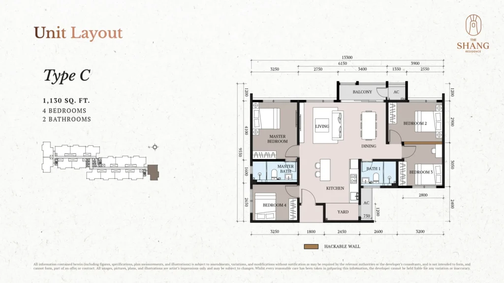 The Shang Kuchai Lama 5 The Shang Residence Type C floor plan, 1,130 sq ft 4-bedroom 2-bathroom layout, Kuchai Lama, Kuala Lumpur