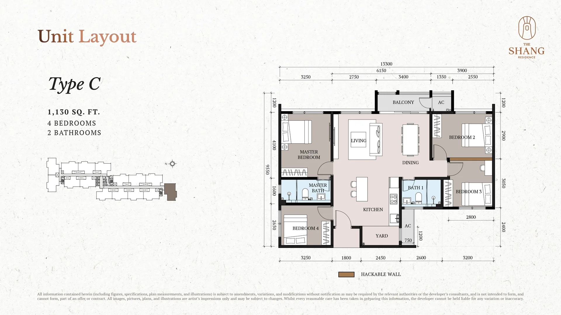 The Shang Layout 3 The Shang Residence Type C floor plan, 1,130 sq ft 4-bedroom 2-bathroom layout, Kuchai Lama, Kuala Lumpur
