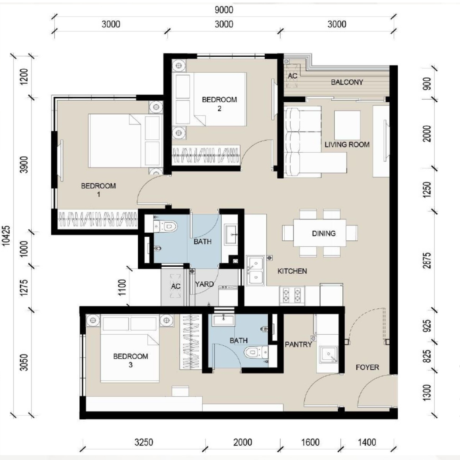 Maxim The Address Floor Plans — Type A, B & C Layouts (450–865 sq ft) 3 Maxim The Address Type C dual-key floor plan 865 sq ft 3-bedroom layout, Taman Pelangi Johor Bahru