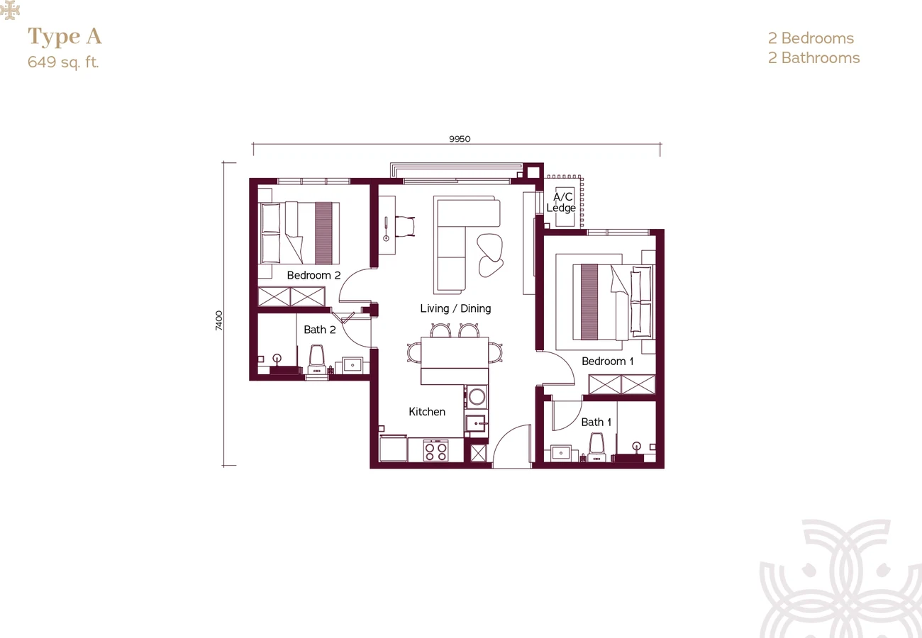 Binastra Cochrane Type A floor plan, 649 sq ft 2 bedroom 2 bathroom layout