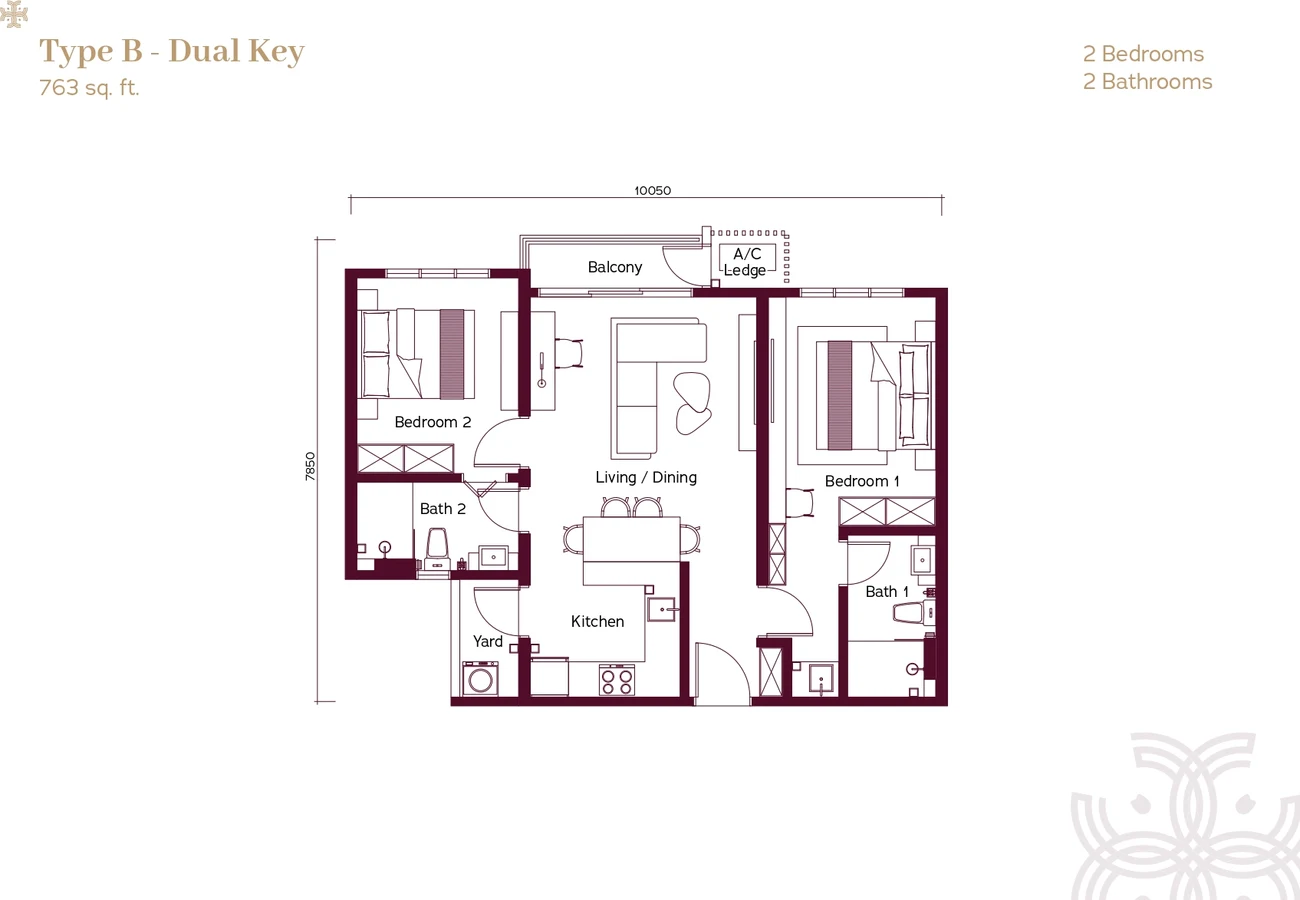Binastra Cochrane Type B dual key floor plan, 763 sq ft 2 bedroom layout