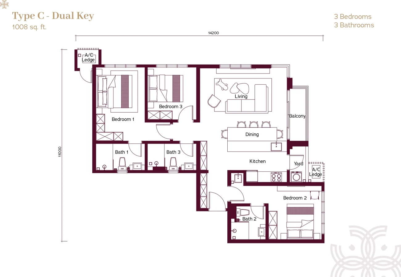 Binastra Cochrane Type C dual key floor plan, 1008 sq ft 3 bedroom layout