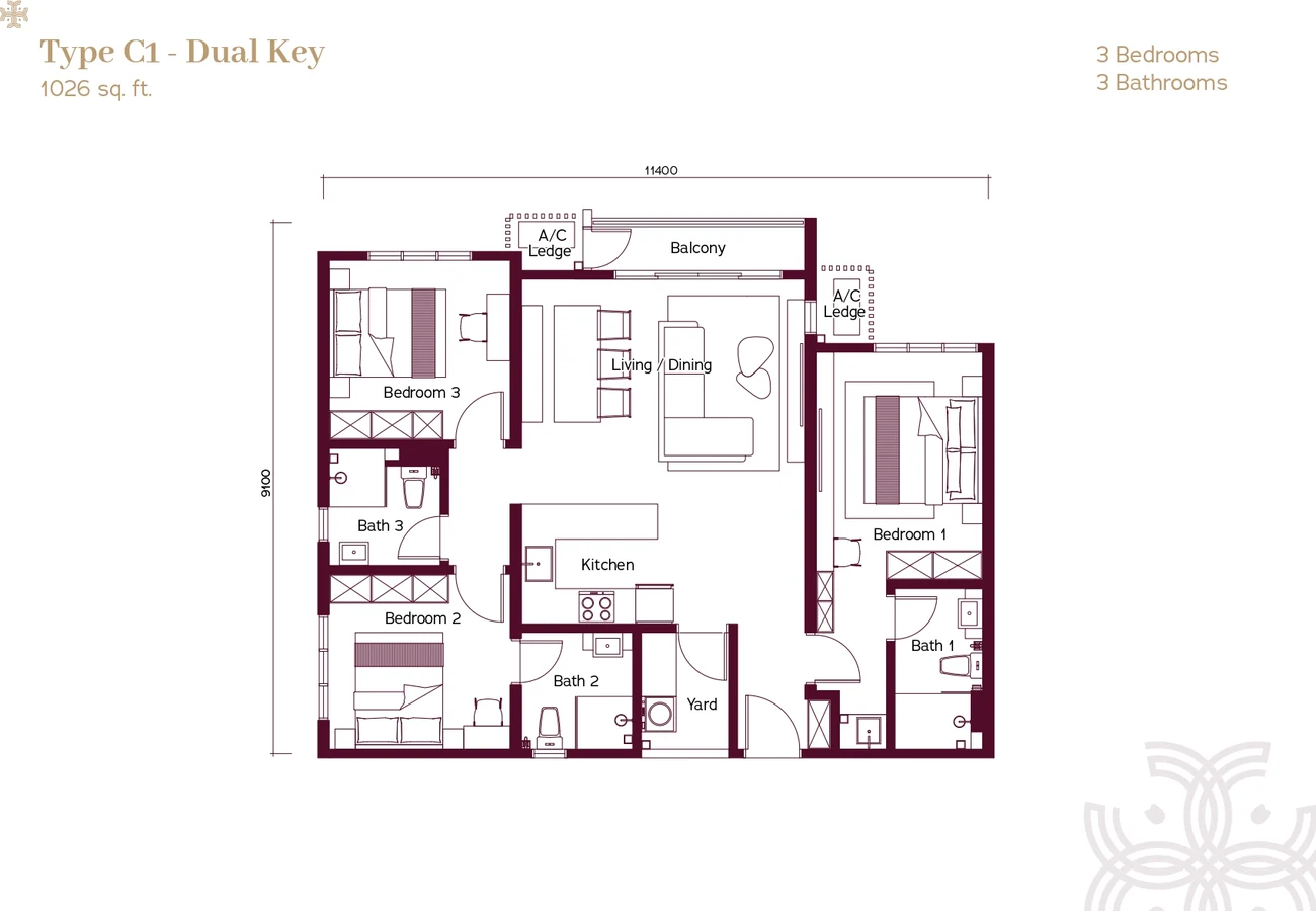 Binastra Cochrane Type C1 dual key floor plan, 1026 sq ft 3 bedroom layout