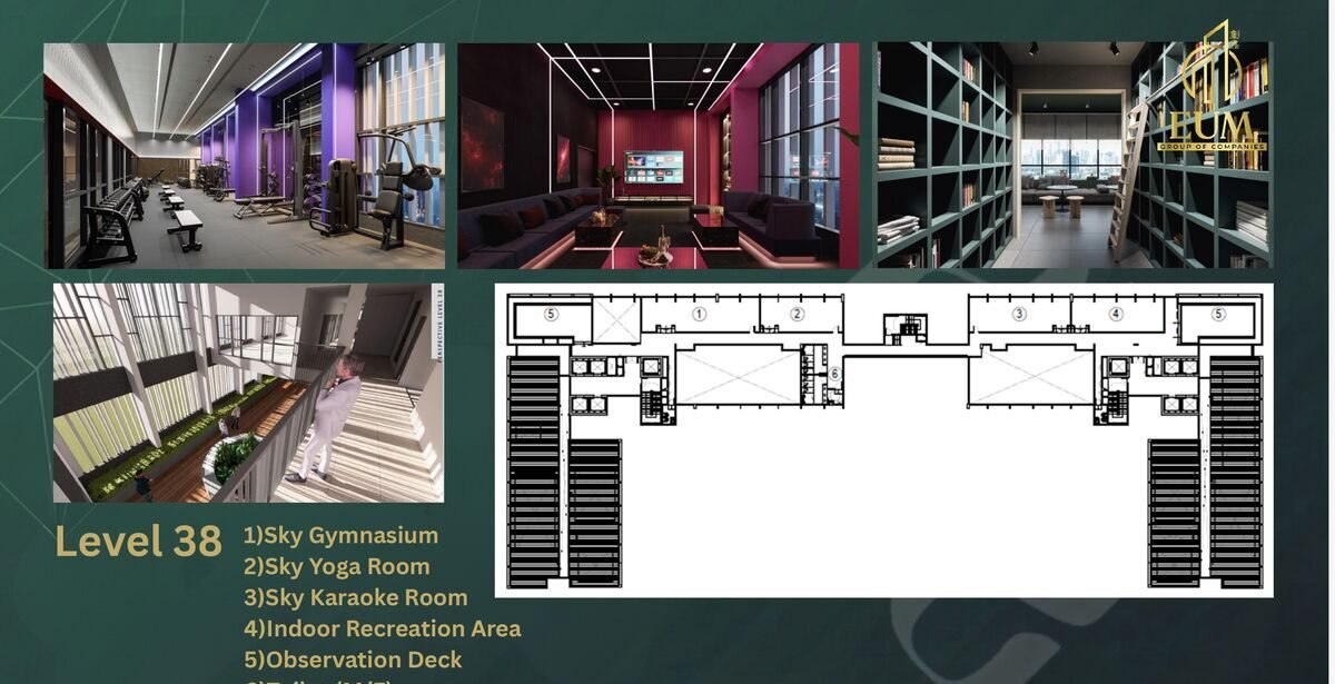 Levels 37–38 — sky gym, yoga, karaoke and observation deck