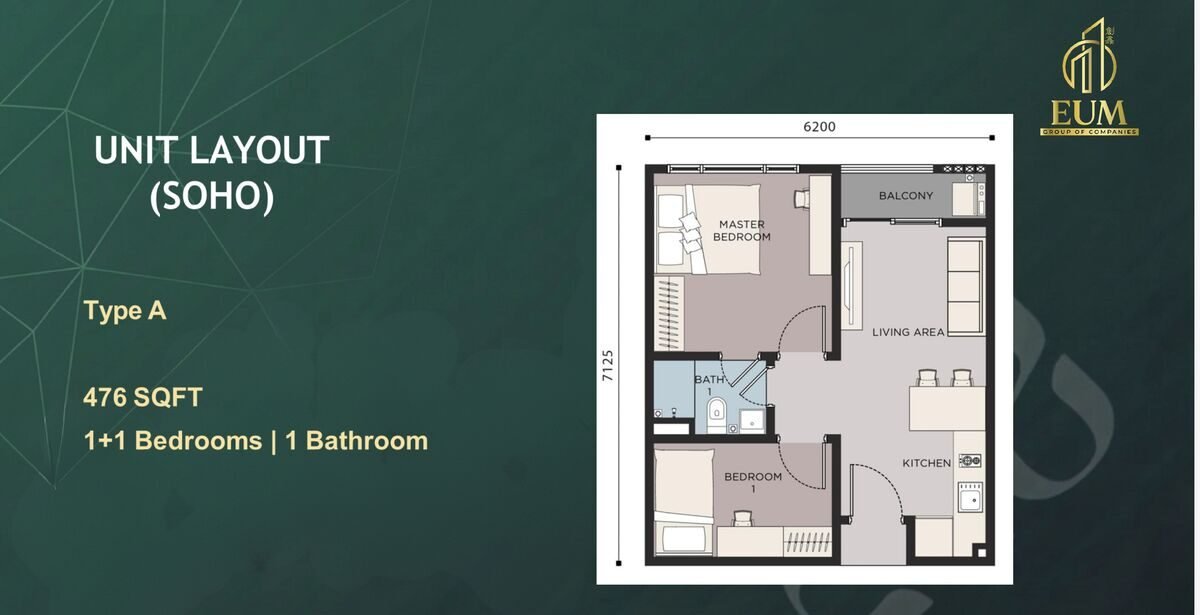 Type A floor plan — 476 sq ft, 1+1 bedrooms
