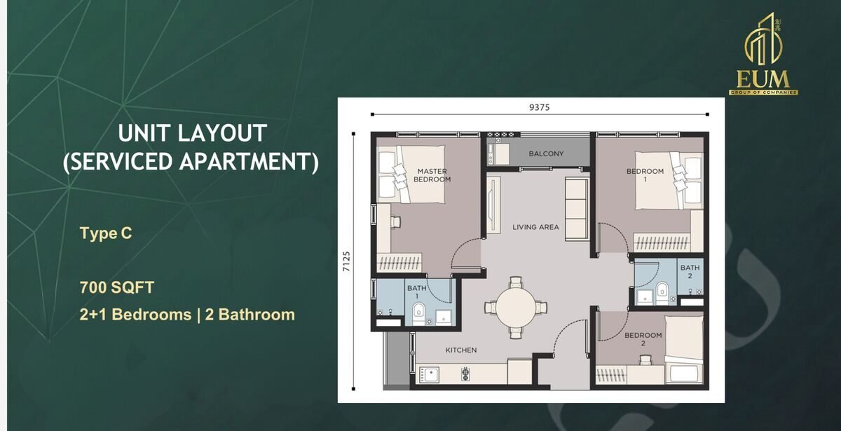 Type C floor plan — 700 sq ft, 2+1 bedrooms