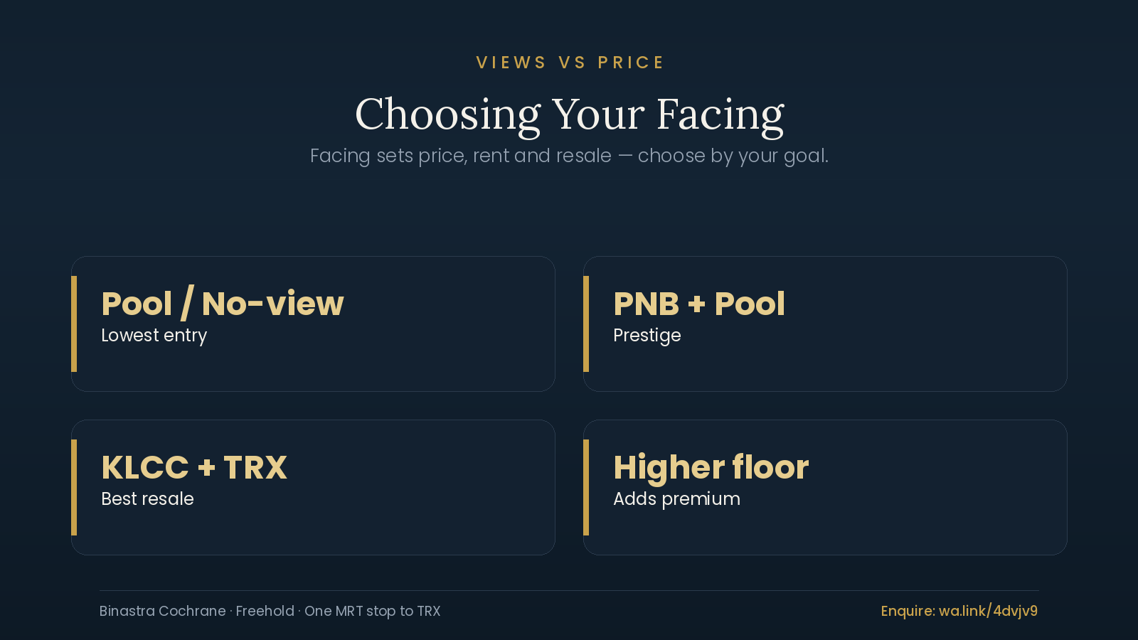 Guide to apartment facing view premium at Cochrane Residence comparing KLCC, TRX and pool facings