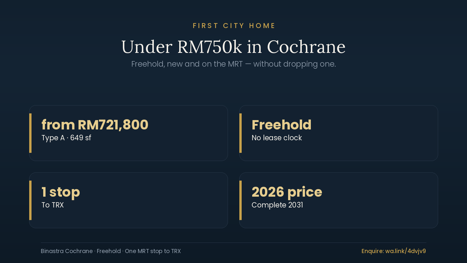 Affordable serviced apartment Kuala Lumpur, a freehold first home in Cochrane from RM721,800