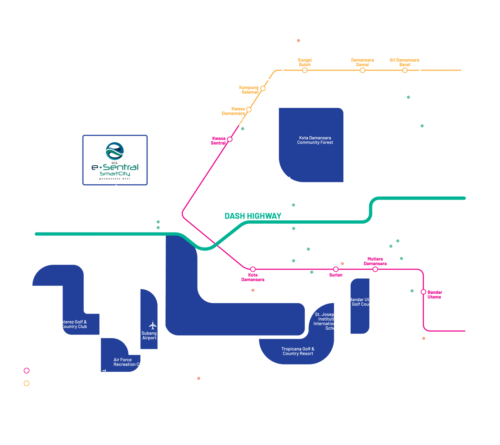 Location map showing e.Sentral Smart City in Seksyen U5 Subang Bestari relative to MRT Kwasa Sentral and surrounding highways
