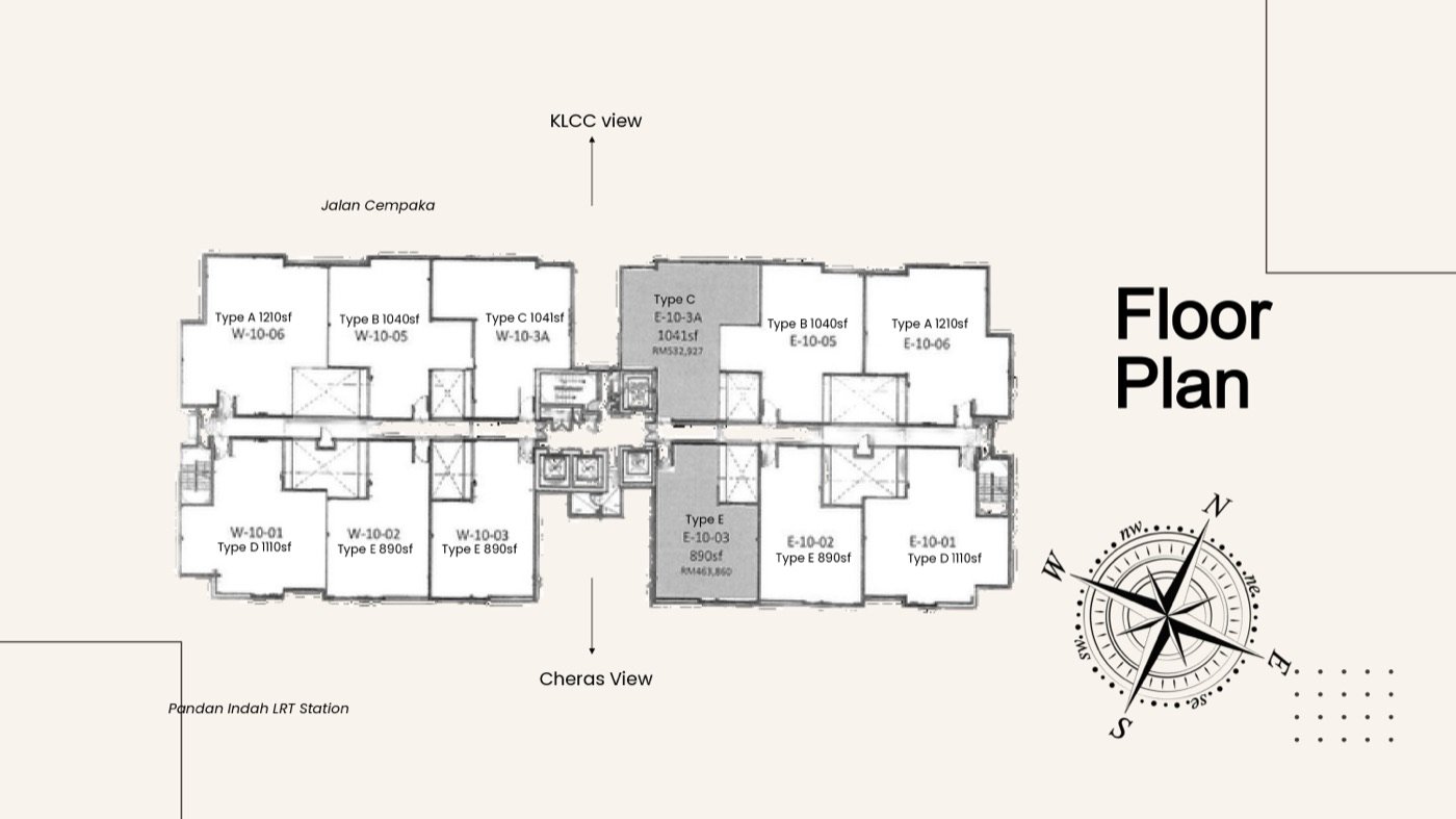 Axis Crown typical floor plan showing which layouts face the KL city side and which face Cheras