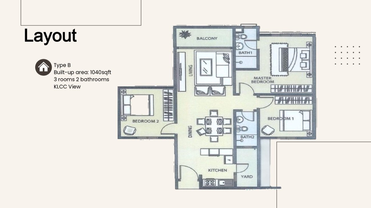 Axis Crown Type B floor plan, 1,040 sq ft, 3 bedrooms 2 bathrooms