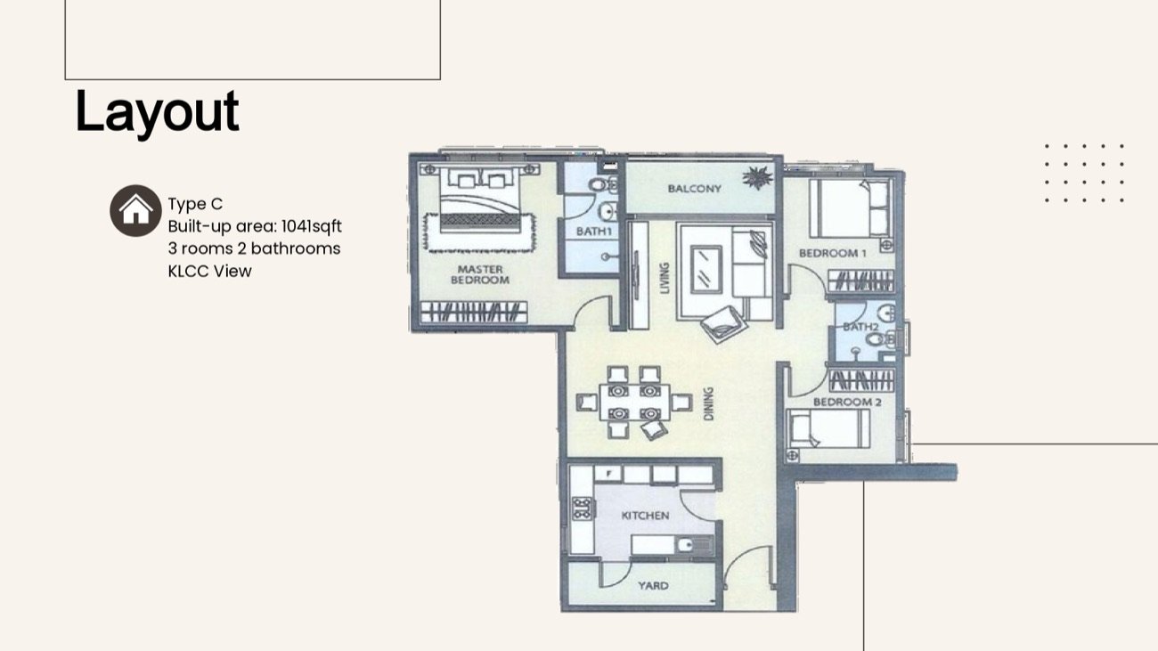 Axis Crown Type C floor plan, 1,041 sq ft, 3 bedrooms 2 bathrooms