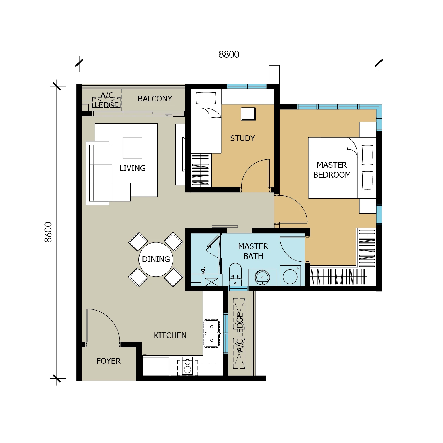 Kuchai Uptown Type A floor plan: 656 sq ft, 1+1 bedroom, 1 bathroom, balcony, kitchen and foyer