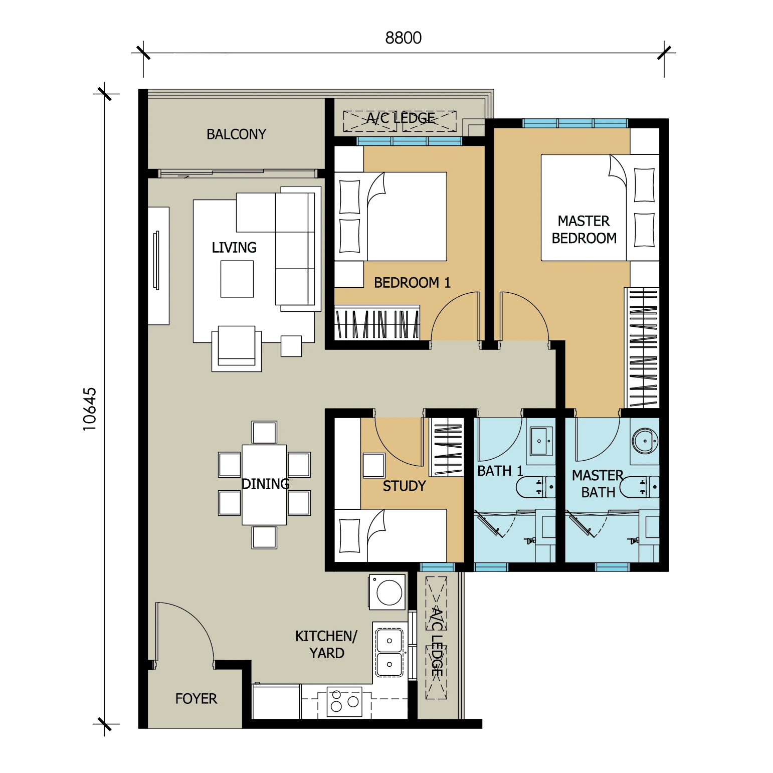 Kuchai Uptown Type B floor plan: 848 sq ft, 2 bedrooms plus study, 2 bathrooms, balcony and kitchen yard