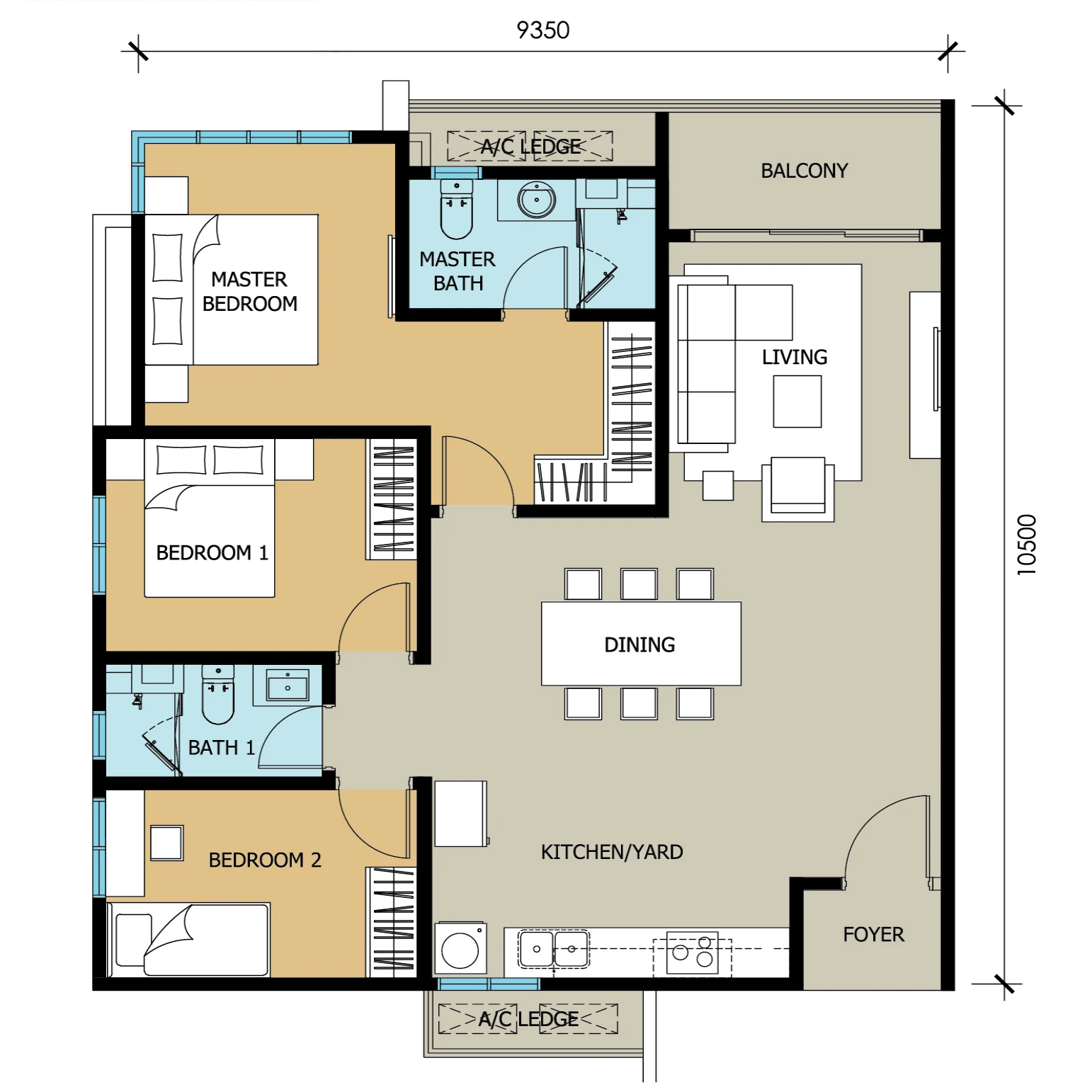 Kuchai Uptown Type C floor plan: 3 bedrooms, 2 bathrooms, balcony and kitchen yard