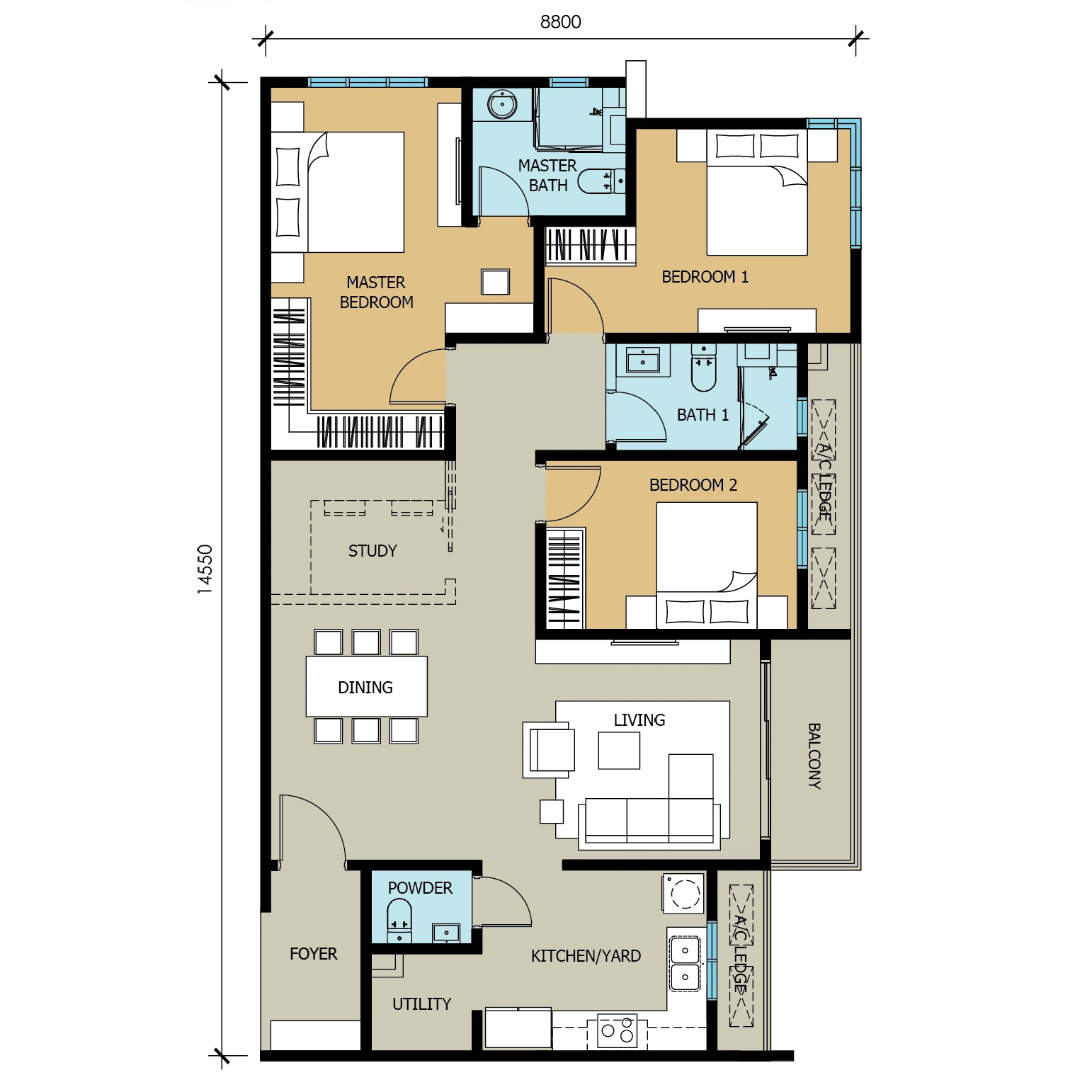Kuchai Uptown Type D floor plan: 1,252 sq ft, 3+1 bedrooms, 2 bathrooms, powder room, utility, balcony