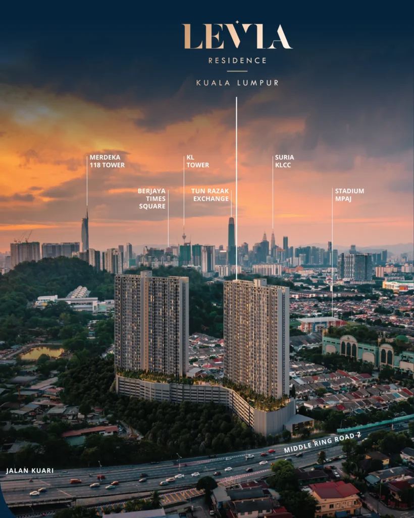 Levia Residence, Cheras: two 36-storey towers beside MRR2 with KLCC, TRX and Merdeka 118 on the skyline (artist's illustration)