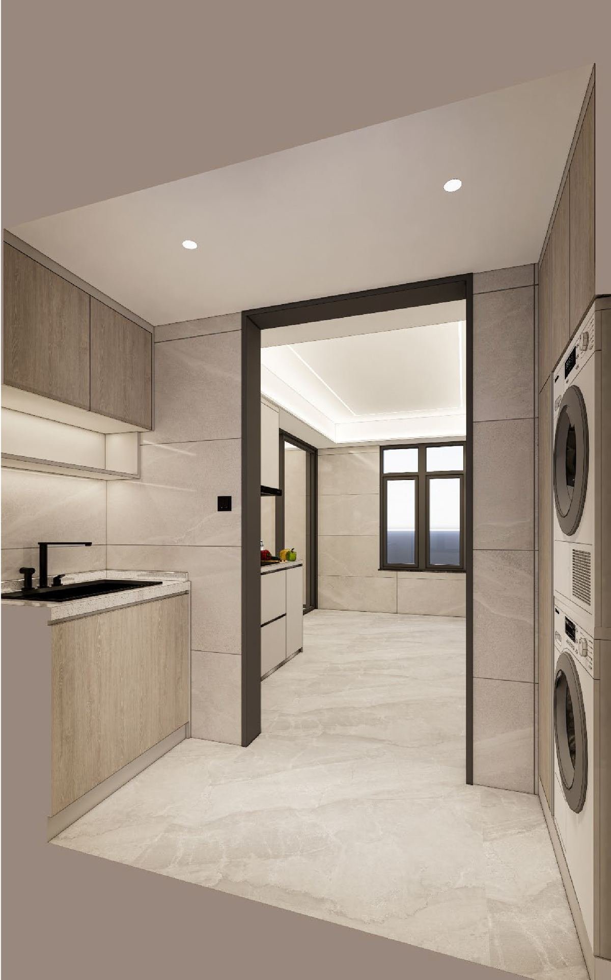 Render of a Residensi Lestari I kitchen as delivered: cabinets with hood and hob, tiled floor, plaster ceiling with downlights