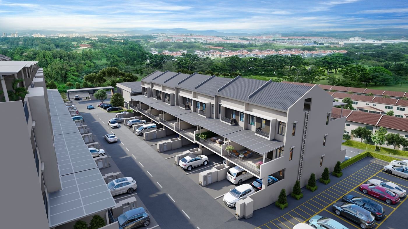 Render of Residensi Lestari I upper-road entrances: each townhouse with two cars parked in its own porch at its own front door