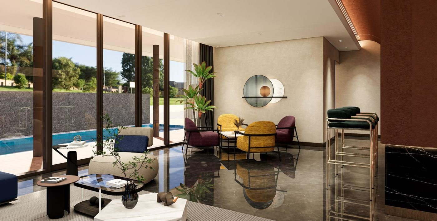 Render of the Residensi Lestari I clubhouse lounge with floor-to-ceiling glass looking onto the swimming pool