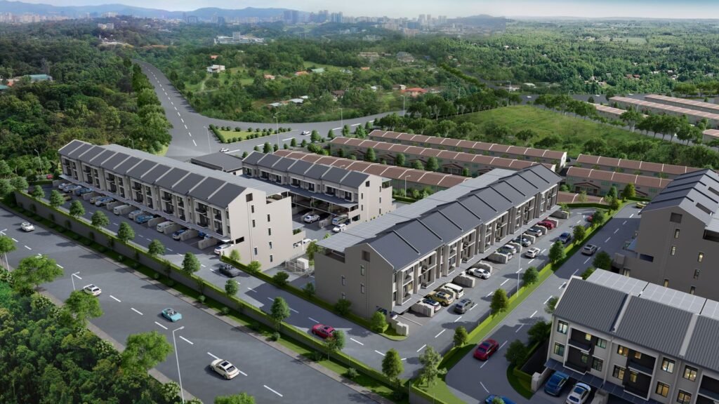 Aerial render of Residensi Lestari I townhouses in Balakong: rows of landed-style homes with private car porches on two internal roads